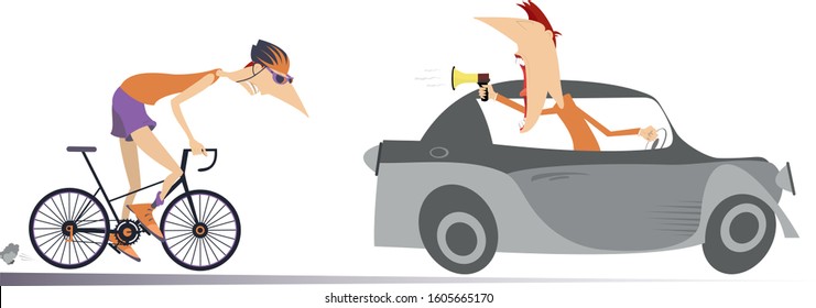 Cyclist and riding on the car coach or supporter isolated. Trainer or supporter with megaphone rides on the car in front of the cyclist and supports him isolated on white illustration 
