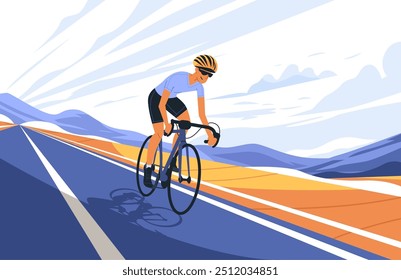 Cyclist riding on open road with scenic mountain landscape bright colors dynamic lines outdoor sports activity