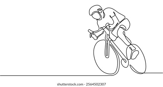 A cyclist riding a road bike, emphasizing fitness, cycling, and a healthy lifestyle. One line drawing for sport enthusiasts. Vector illustration hand drawn.