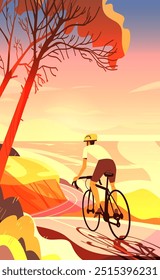 Ciclista montando paisaje de puesta de sol pintoresco ilustración colorida. Bicicleta de la persona a lo largo de la carretera costera sinuosa con el cielo vibrante y los árboles. Tonos cálidos brillantes y composición dinámica