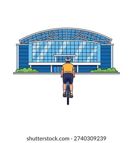 A cyclist riding towards a large blue building