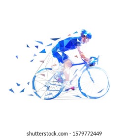 Cyclist. Road cycling low poly illustration. Side view, isolated vector geometric drawing