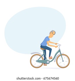 Cyclist senior on urban bike. Old men riding bicycle. Cartoon character vector illustration. Healthy lifestyle