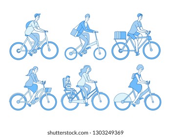 CYCLIST SET. Active people riding bicycle, adult persons bicyclist in helmet biking. Isolated line vector characters