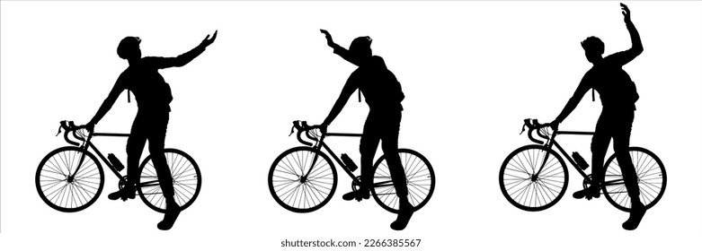 A cyclist shows the direction of movement with his hand. A guy in a protective sports helmet, with a backpack behind his back, stands near the bike. Side view. Black color silhouette isolated on white