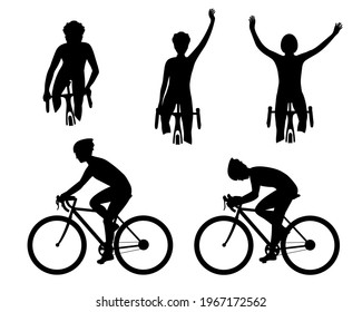 Cyclist silhouette in action set. Biker on a bicycle race from the side, front. Competition, victory in sports. Collection of vector illustrations isolated on white background