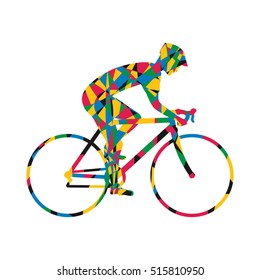 Cyclist silhouette colorful icon, man on racing bike. Isolated icon sports bike races. Vector illustration. Speed racing bike.