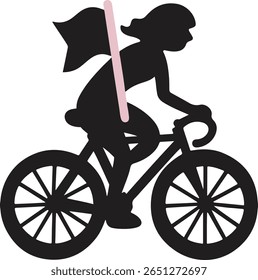 Cyclist silhouette holding waving pink flag symbolizing determination and Breast Cancer Awareness, great for sports-related campaigns or awareness event promotions
