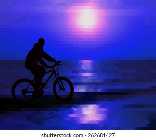 Cyclist silhouette on sea. Vector
