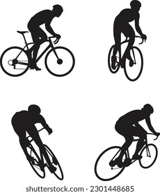 Cyclist Silhouette set. Black silhouette of a cyclist on a white background.  Man on a bicycle in a helmet.