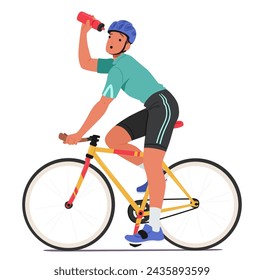 Ciclista Deportista Personaje Pedalear, Descubre Botella De Agua Vacía, Reseca, Buscando Hidratación, Persiste A Través Del Paseo, Sediento De Reposición. Ilustración vectorial de personas de dibujos animados