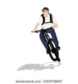 Cyclist Sportsman Character in Sports Wear and Helmet Riding Mountain Bike. Flat vector illustration isolated on white background