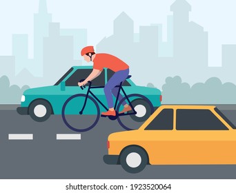 A cyclist in sportswear and a helmet rides on the road with cars. Highway with cityscape, side view. Vector illustration.