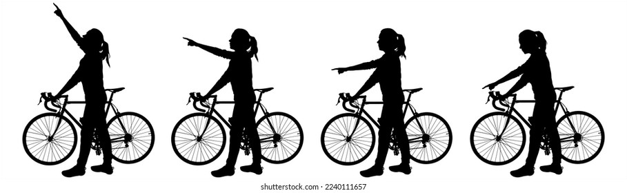 The cyclist is standing next to the bike. A girl with the bicycle holds the handlebars of the bicycle with her hand, with the other hand she shows the direction: up, down, sideways. Isolated on white