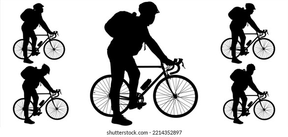 The cyclist stands next to the bike. A guy in a helmet with a backpack behind his back holds onto the handlebars of his bike with both hands. The cyclist looks around. Silhouettes isolated on white