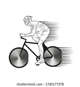 A cyclist striving for victory in motion. Vector monochrome illustration.