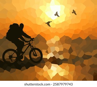 Cyclist at sunset. hand drawn. Not AI, Vector illustration.