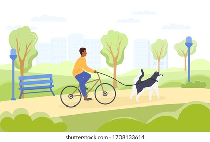 Cyclist taking his dog for a run on a lead through a spring park in a concept of an active outdoor lifestyle, vector illustration