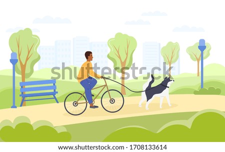 Cyclist taking his dog for a run on a lead through a spring park in a concept of an active outdoor lifestyle, vector illustration