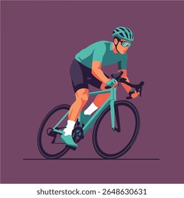 Um ciclista com uma engrenagem azul-petróleo monta uma bicicleta azul-petróleo contra um fundo roxo.