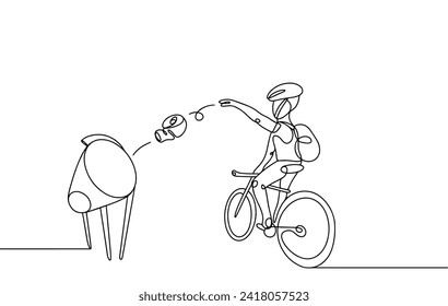 A cyclist throws garbage into a special trash can without getting up from the bike. Convenient trash can. Images produced without the use of any form of AI software at any stage. 