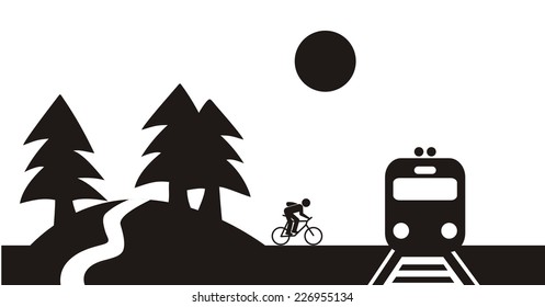 cyclist and train, vector illustration, black silhouette