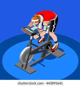 Cyclist Training Gym Indoor Exercise Bike Bicycle Sport People Spin Fitness Class. 3D Isometric Sport People Gym Cyclist. Exercise Bike Gym Cycling Fitness Equipment Active Sport Set Vector Collection