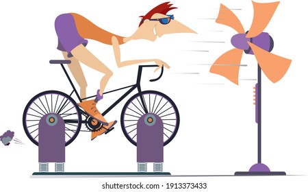 Cyclist trains at home on the exercise bike illustration. Cyclist man rides on exercise bike in front of the ventilator isolated on white