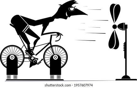 Cyclist trains at home on the exercise bike illustration. Cyclist man rides on exercise bike in front of the ventilator black on white