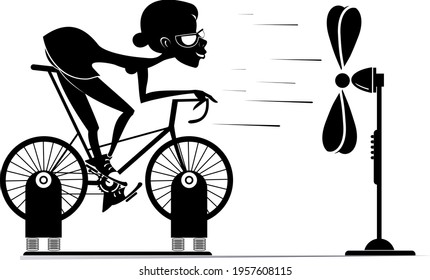 Cyclist trains at home on the exercise bike illustration. Cyclist woman rides on exercise bike in front of the ventilator black on white