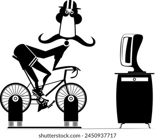 Cyclist trains at home on the exercise bike. 
Cyclist young man rides on exercise bicycle in front of TV or computer. Black and white illustration
