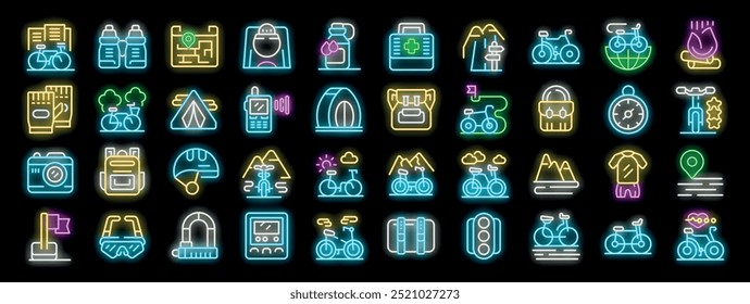 Ciclista que viaja con la bicicleta en las montañas y que lleva los iconos del neón de la mochila fijados Vector