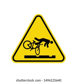 Cyclist Trip Hazard On Train Tracks Sign Isolated On White Background. Yellow Triangle Warning Symbol Simple, Flat, Vector, Icon You Can Use Your Website Design, Mobile App Or Industrial Design