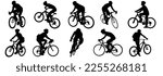 cyclist vector icon.  collection of silhouettes of people cycling in different positions.  bike, cycle, cyclist, ride, vector, bicycle, man, icon, people, illustration, woman, girl, boy, mountain