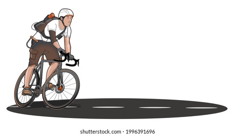 Ilustración del vector ciclista. Hombre ciclista con casco y equipo de seguridad para ciclismo preparado con su bicicleta de grava para la carrera y entregar artículos. Aislado sobre fondo blanco.