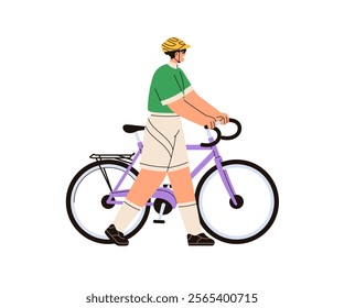 Cyclist walking with road bike. Active rider, tourist in helmet going with bicycle, holding handlebar. Cycle, eco-friendly transport travel. Flat vector illustration isolated on white background