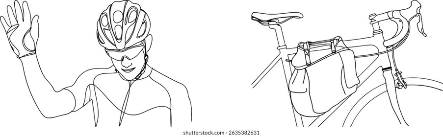 Saudação acenando de ciclista perto de uma ilustração detalhada da arte da linha de uma bicicleta de estrada de bicicleta