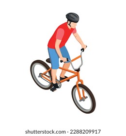 Ilustración vectorial isométrica con casco en bicicleta de montar