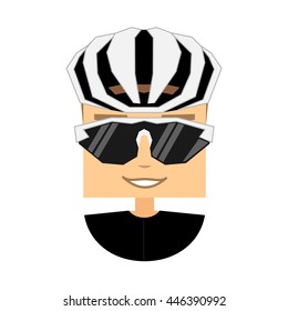 Cyclist with white cycling helmet and sunglasses. Flat style character, square head style. Avatar icon. Vector illustration.