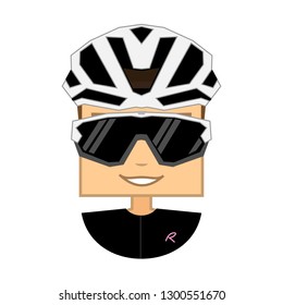 Cyclist with white helmet, sunglasses and black jersey. Flat style square head avatar. Vector illustration.