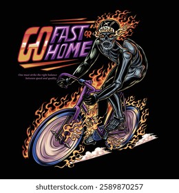 a cyclist who is a skeleton. This skull is wearing a bicycle helmet and has an aggressive posture, as if he is riding a bicycle at high speed. This illustration has a spooky and scary impression.