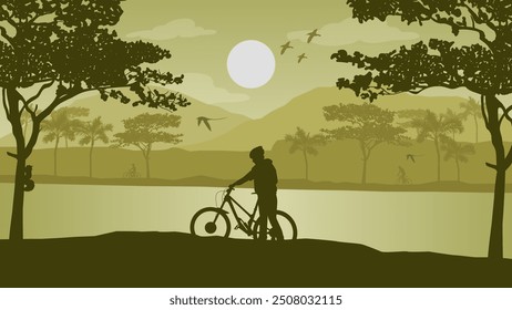 A Cyclist Who Stops by The River to Rest - Beautiful 2d Landscapes Wallpaper
