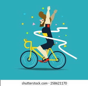 Cyclist winning the race.  flat character design. vector illustration