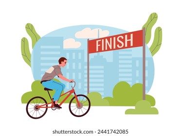 Ciclista gana carrera. Hombre en la línea de llegada de bicicletas. Estilo de vida activo y deporte. Deportista y atleta en torneo o competición. Ilustración plana del vector de la historieta aislada sobre fondo blanco