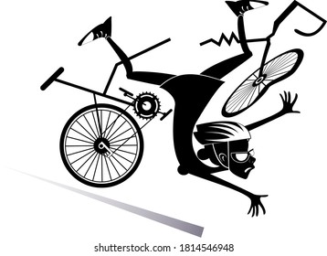 Cyclist woman falling down from the bicycle illustration. Cyclist woman falling down from the broken bicycle black on white illustration