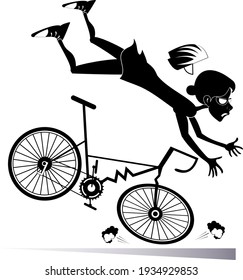 Cyclist woman falling down from the bicycle illustration. Cyclist woman falling down from the broken bicycle black on white illustration