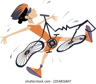 Cyclist woman falling down from the bicycle. 
Cyclist woman laying under the broken bicycle. Isolated on white background
