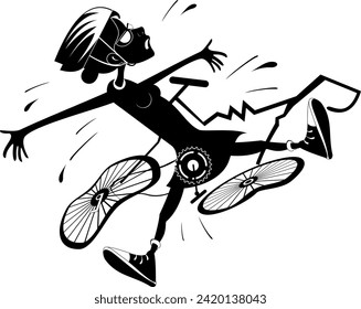 Cyclist woman falling down from the bicycle. 
Cyclist woman laying under the broken bicycle. Black and white illustration
