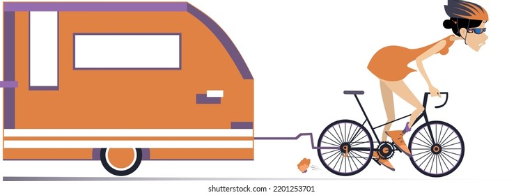 Cyclist woman pulling a camp trailer.
Cartoon tired cyclist pulling camp trailer. Isolated on white background
