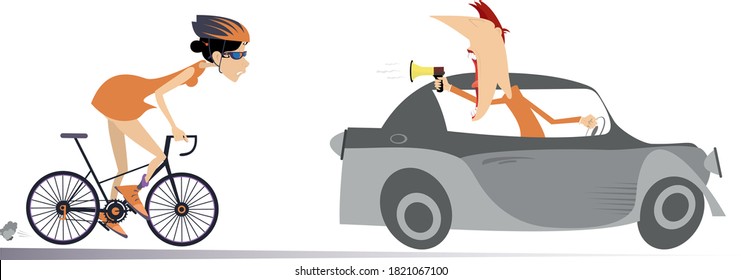 Cyclist woman and riding on the car coach or supporter illustration. Trainer or supporter with megaphone rides on the car in front of the cyclist woman and supports her isolated on white 
